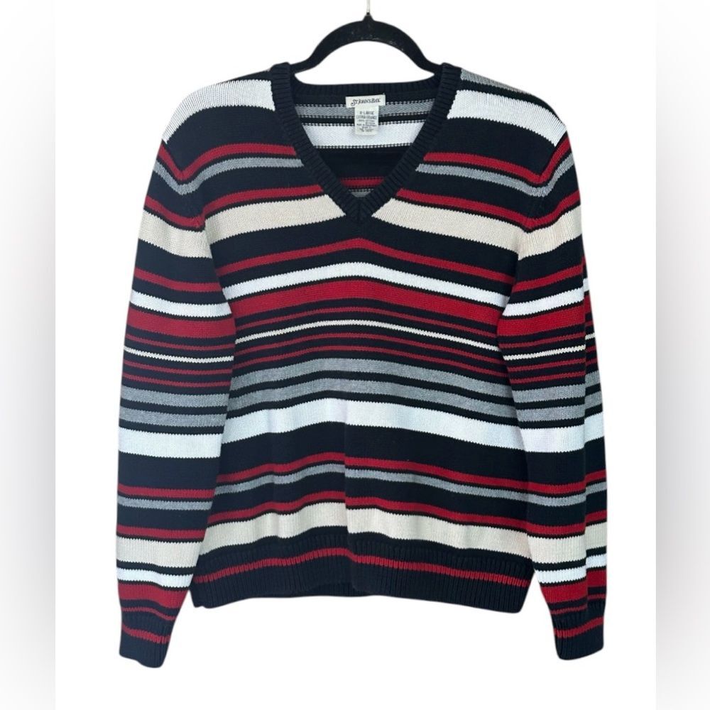 St. Johns Bay Womens Pullover Striped Sweater 100% Cotton V Neck Navy Red XL
